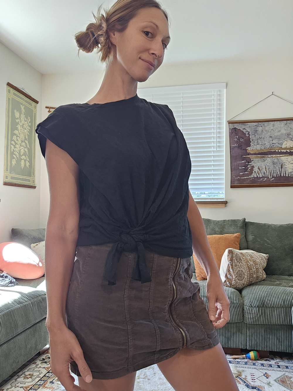 Democracy Black Tie Front Slub Knit Tee | Size Small | Casual Boho Top